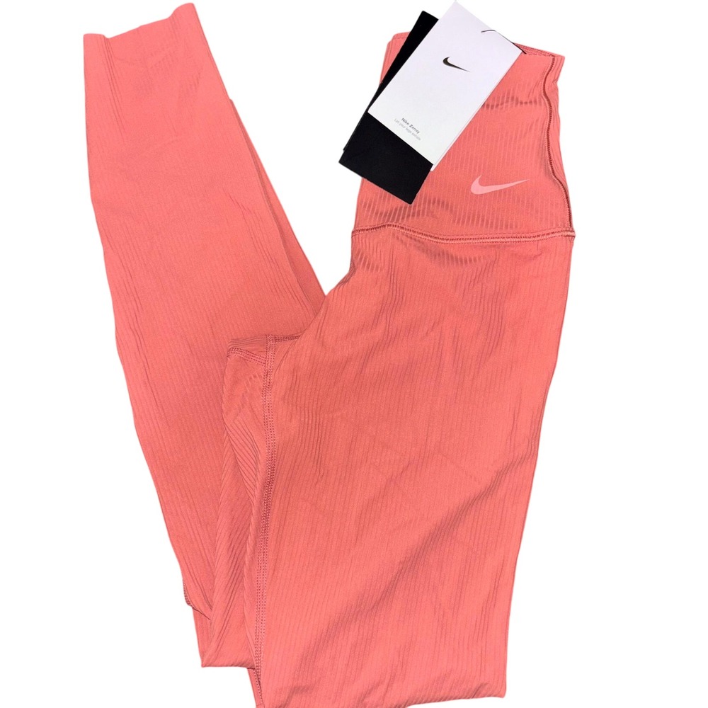 Nike Zenvy Dri Fit Ribbed Leggings Womens XS Coral Pink High Rise Workout Swoosh